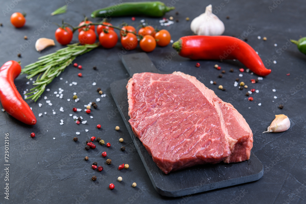 Raw fresh marbled meat and seasonings on dark background Raw fresh marbled meat and seasonings on dark background