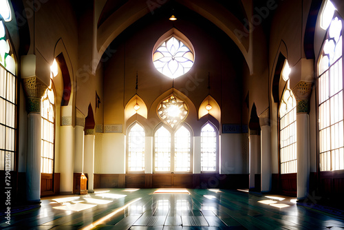 mosque ambiance with sunlight through windows. Generative AI