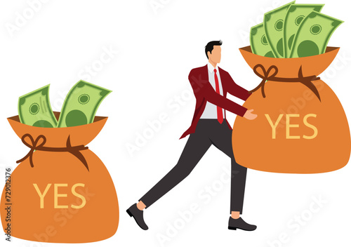 Businessman with two options to choose between two bag of money
