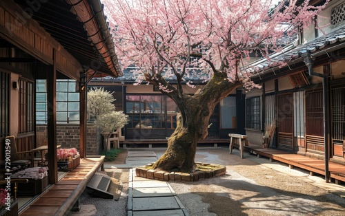 Courtyard Beauty with a Singular Cherry Blossom