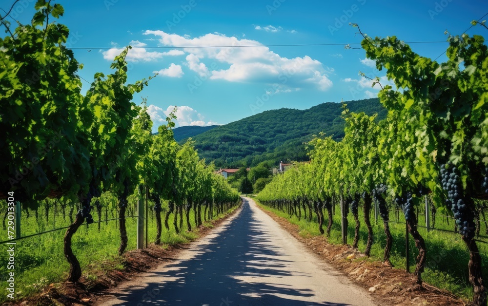 A Road Through a European Winemaking Haven with Aligned Grapevines