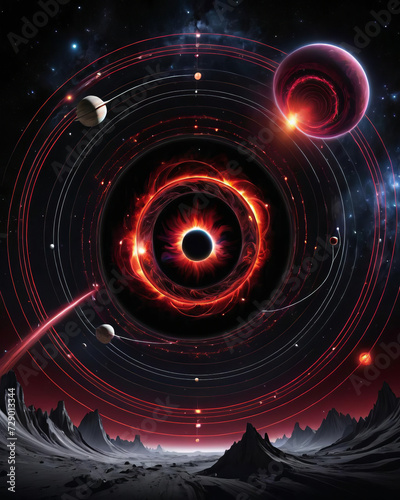 Hypnotic Cosmic Scenery - Minimalist line art with cosmic symbolism and celestial bodies Gen AI photo
