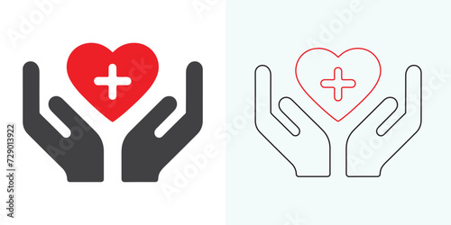 Heart in hand icons set. Hands-holding heart icon. Love icon. Health, medicine symbol. Voluntary signs. St. Valentine's Day concept. Vector isolated on the white background