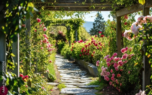 Stone-Clad Path in a Peaceful Spring Garden Bursting with Blooms