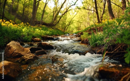 Peaceful Water Flow  Stream Winding Through a Spring Forest