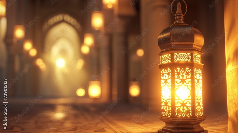 Islamic Lantern Eid Celebration, A Banner with Eid Mubarak and Eid al-Adha Greetings, Featuring a Lantern Element, Celebration with Copy Space.