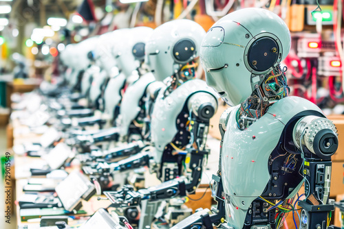 Futuristic Assembly Line of Humanoid Robots.
