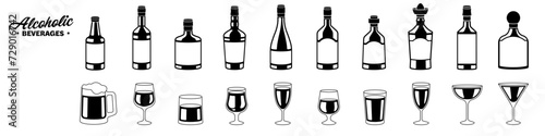 Alcohol icons. Bottle and glass icon set. Alcohol drinks. Alcoholic beverages.