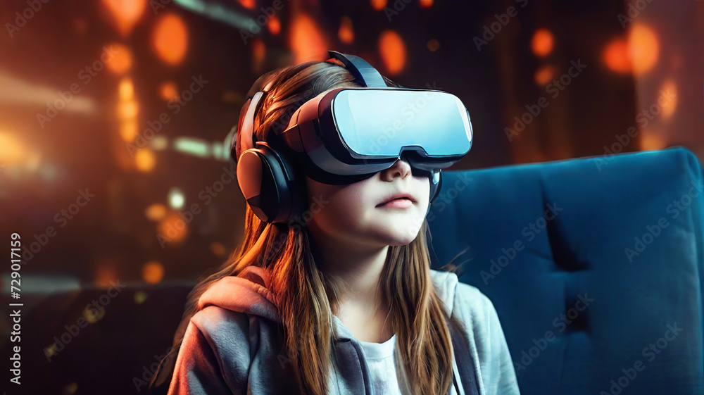 Young girl Embracing Futuristic Virtual Reality Technology with VR Headset. Young girl Embracing Futuristic Virtual Reality Technology with VR Headset.