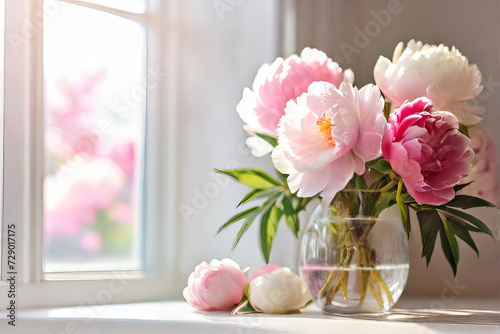 Pink and White Peonies in Vase on Windowsill: Sunbeam Delight. Generative AI.