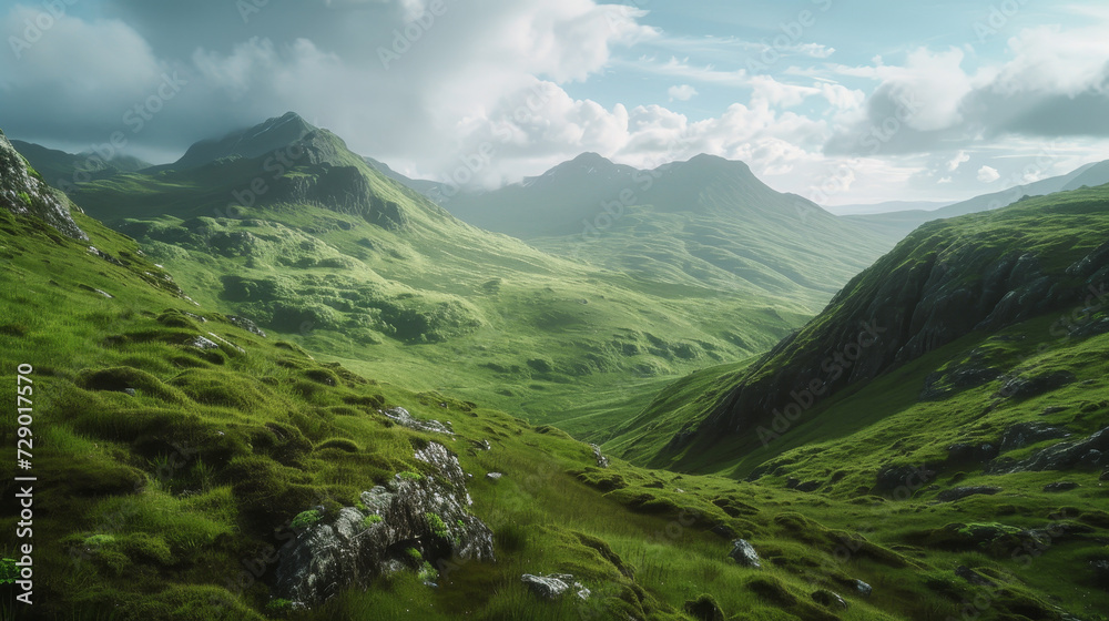 Misty valleys and verdant hills in the Scottish Highlands.