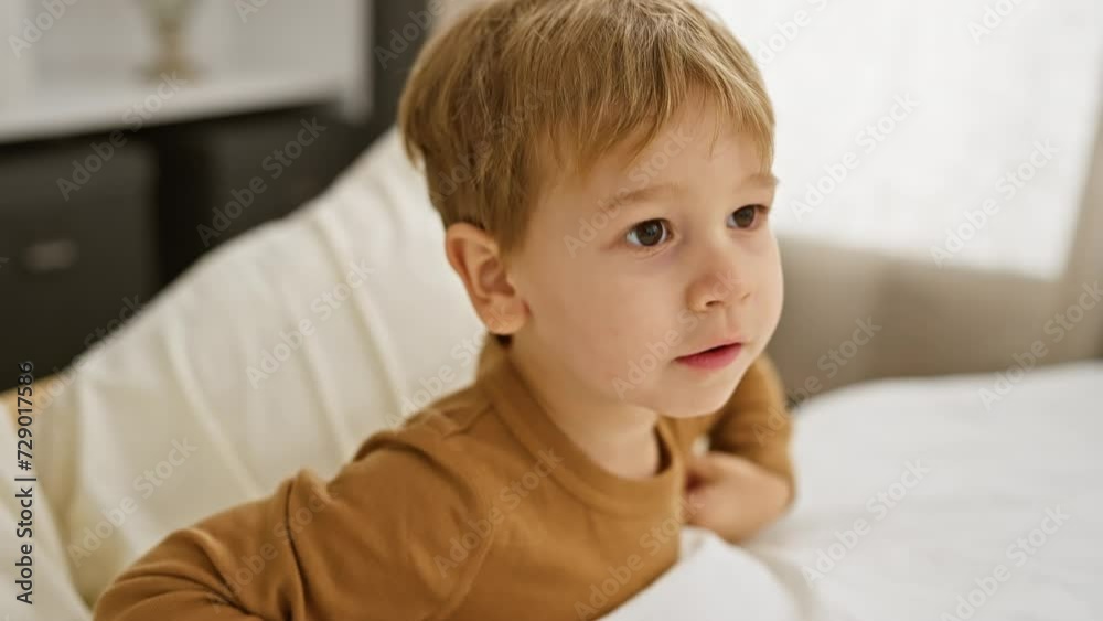A caucasian toddler boy with blond hair sits thoughtfully on a white bed in a bright home bedroom A caucasian toddler boy with blond hair sits thoughtfully on a white bed in a bright home bedroom