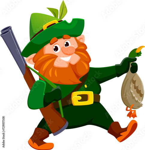 Cartoon gnome or dwarf hunter character holds a plump, orange-beaked duck in its arms, with a mischievous grin and a pointy, colorful hat. Isolated vector personage with riffle back home from hunting