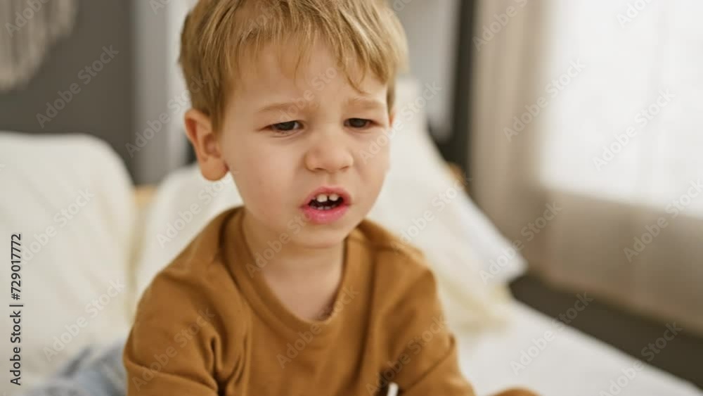 A concerned blonde boy in a brown shirt sits on a white bed indoors, exuding childhood innocence. A concerned blonde boy in a brown shirt sits on a white bed indoors, exuding childhood innocence.