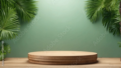 Realistic 3d wood display podium stage with green leaf isolated on green background. AI Generated