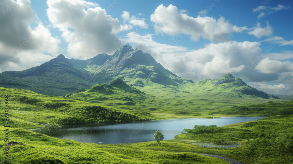 Tranquil lake amidst the sunlit peaks of the Scottish Highlands. Tranquil lake amidst the sunlit peaks of the Scottish Highlands.