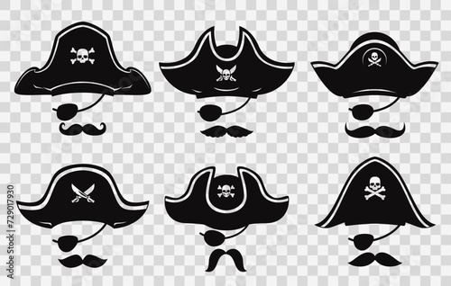 Pirate captain or sailor photo booth masks set, vector black tricorn hat and eye patch. Cartoon photo booth face effect masks of Caribbean pirate or corsair sailor, captain hat with skull crossbones