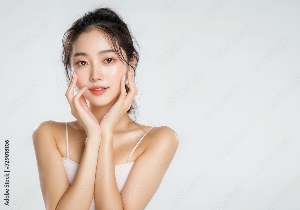 Beautiful young Asian woman, white, smooth, clean face. Studio atmosphere, advertising concept for cosmetics, spa, beauty clinic, Generative AI Beautiful young Asian woman, white, smooth, clean face. Studio atmosphere, advertising concept for cosmetics, spa, beauty clinic, Generative AI