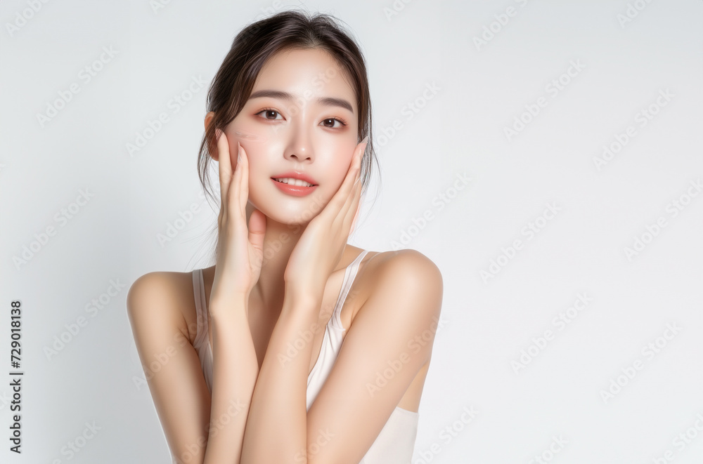 Beautiful young Asian woman, white, smooth, clean face. Studio atmosphere, advertising concept for cosmetics, spa, beauty clinic, Generative AI Beautiful young Asian woman, white, smooth, clean face. Studio atmosphere, advertising concept for cosmetics, spa, beauty clinic, Generative AI