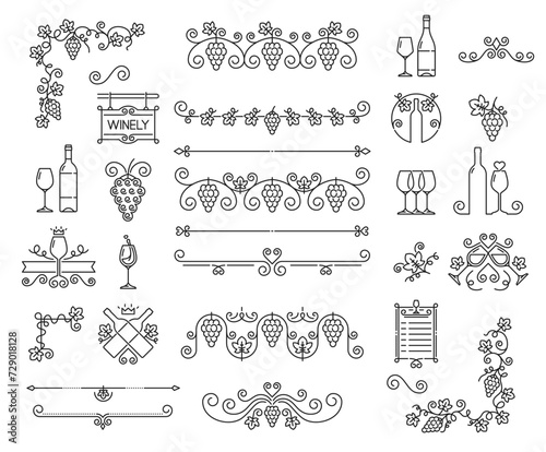 Wine vine outline decor and ornaments with grape branch and bottle, vector floral lines. Winery or vineyard vintage retro outlined decor for product label or wine bottle frames with grape vine lines