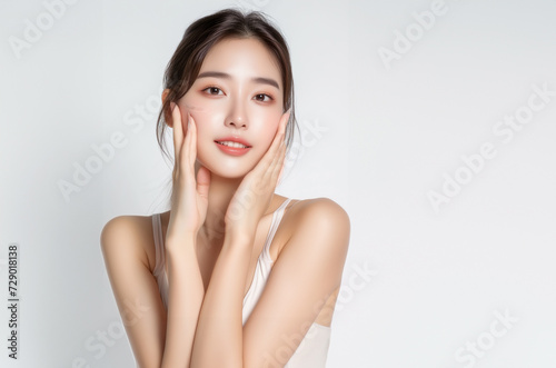 Beautiful young Asian woman, white, smooth, clean face. Studio atmosphere, advertising concept for cosmetics, spa, beauty clinic, Generative AI