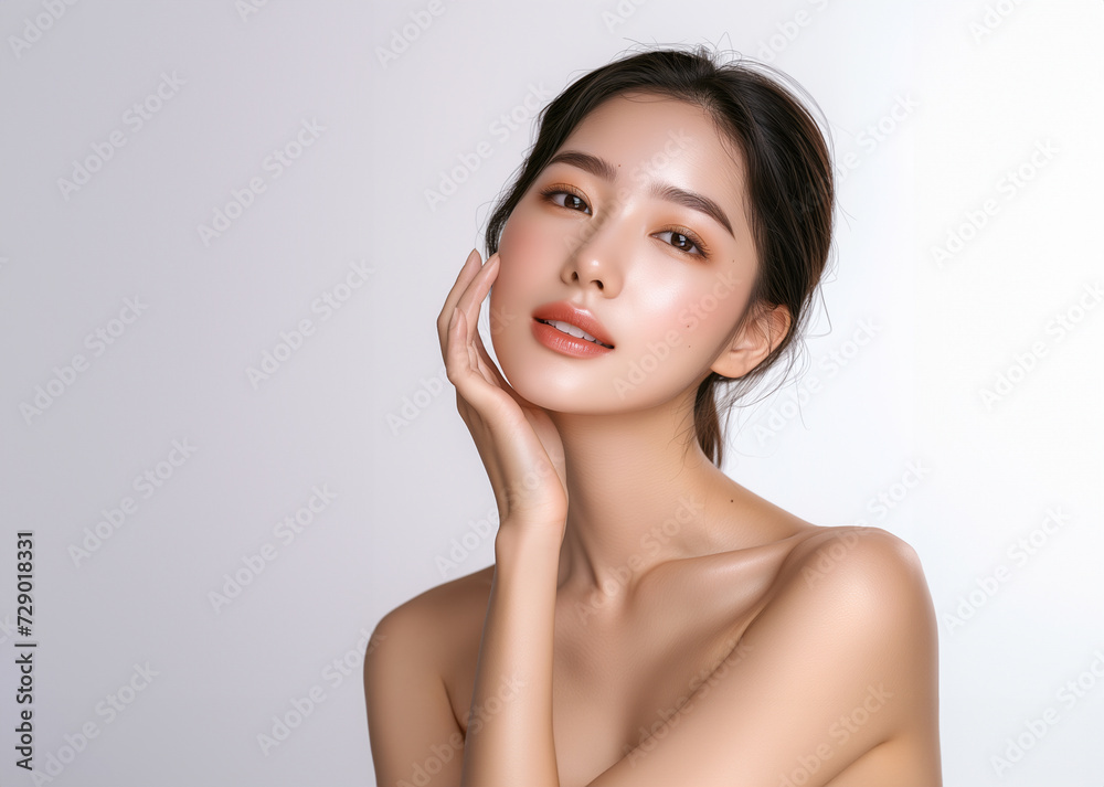 Beautiful young Asian woman, white, smooth, clean face. Studio atmosphere, advertising concept for cosmetics, spa, beauty clinic, Generative AI Beautiful young Asian woman, white, smooth, clean face. Studio atmosphere, advertising concept for cosmetics, spa, beauty clinic, Generative AI