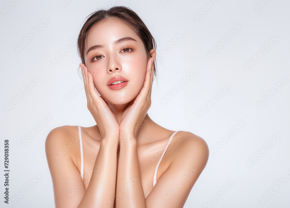 Beautiful young Asian woman, white, smooth, clean face. Studio atmosphere, advertising concept for cosmetics, spa, beauty clinic, Generative AI Beautiful young Asian woman, white, smooth, clean face. Studio atmosphere, advertising concept for cosmetics, spa, beauty clinic, Generative AI