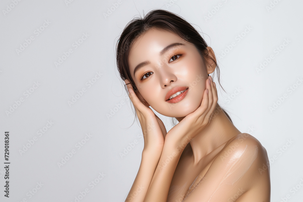 Beautiful young Asian woman, white, smooth, clean face. Studio atmosphere, advertising concept for cosmetics, spa, beauty clinic, Generative AI Beautiful young Asian woman, white, smooth, clean face. Studio atmosphere, advertising concept for cosmetics, spa, beauty clinic, Generative AI
