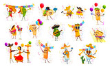 Mexican tex mex food characters on holiday party. Isolated vector set jalapeno, taco, nachos and burrito. Enchiladas, tamales, avocado and quesadilla or churros. Tequila, mezcal and pulque personages