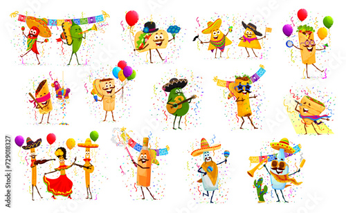 Mexican tex mex food characters on holiday party. Isolated vector set jalapeno  taco  nachos and burrito. Enchiladas  tamales  avocado and quesadilla or churros. Tequila  mezcal and pulque personages