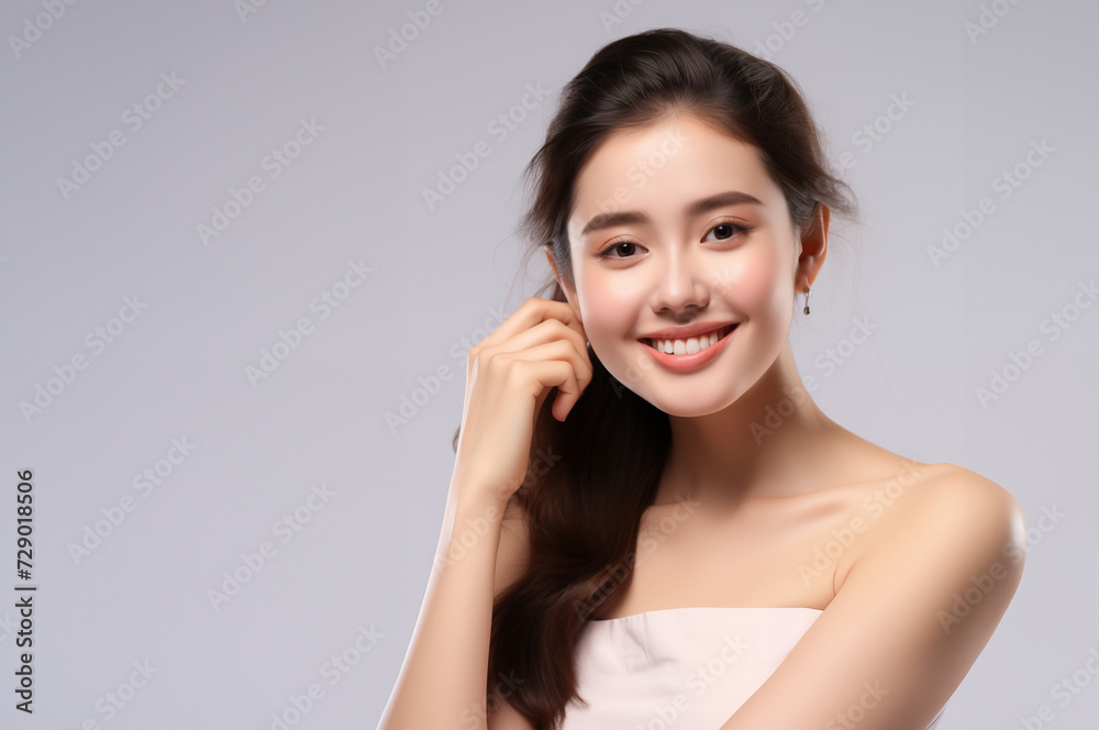 Beautiful young woman, white, smooth, clean face. Studio atmosphere, advertising concept for cosmetics, spa, beauty clinic, Generative AI Beautiful young woman, white, smooth, clean face. Studio atmosphere, advertising concept for cosmetics, spa, beauty clinic, Generative AI