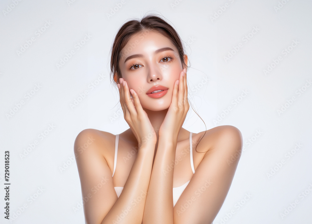 Beautiful young woman, white, smooth, clean face. Studio atmosphere, advertising concept for cosmetics, spa, beauty clinic, Generative AI Beautiful young woman, white, smooth, clean face. Studio atmosphere, advertising concept for cosmetics, spa, beauty clinic, Generative AI