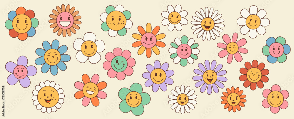Retro groovy daisy sunflower, cute happy flower characters isolated vector set. Chamomile blooms cartoon personage, with vibrant petals, radiating joyful vibes and a touch of nostalgic charm of 60s