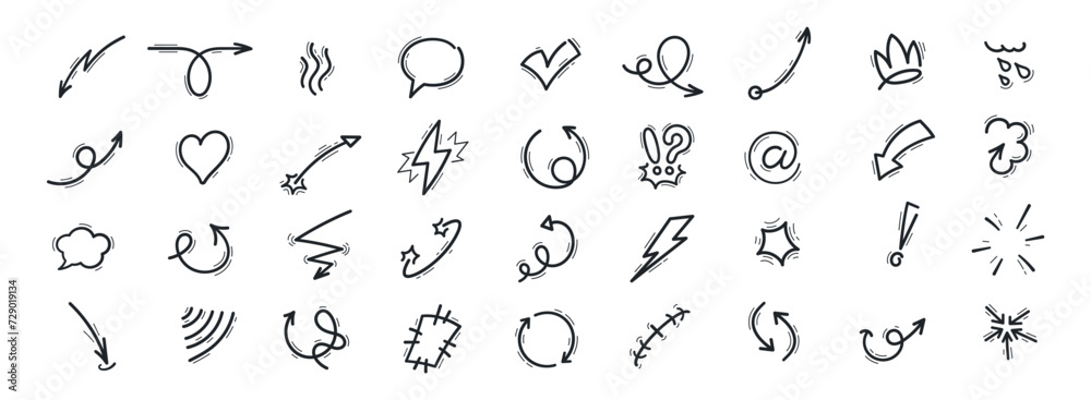 Movement motion lines of arrows, curves and waves for cartoon effect, vector icons. Abstract symbols of cloud, speech bubble or heart and lightning with explosion puff and spiral arrow in doodle line