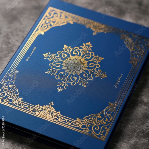 A Simple Beautiful Wedding Invitation Design, Muslim Art Style, Featuring a Harmonious Palette of Gold and Blue in a Striking Graphic Composition.