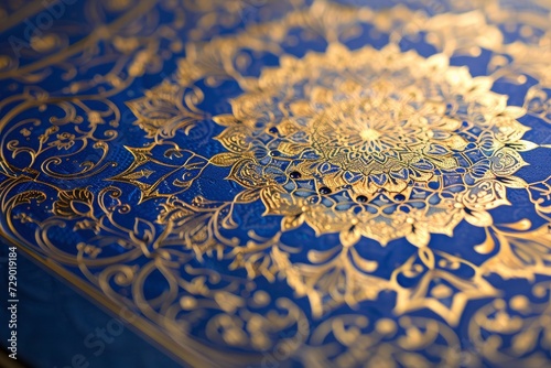 A Simple Beautiful Wedding Invitation Design, Muslim Art Style, Featuring a Harmonious Palette of Gold and Blue in a Striking Graphic Composition.