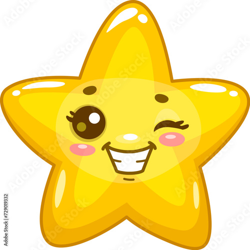 Star, happy cartoon funny character with kawaii face, vector cute smile icon. Star twinkle personage or emoji and kid mascot or emoticon with winking eye, twinkling smiling star happy character