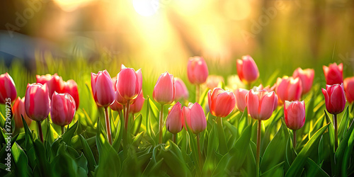 Field of pink blooming tulips with the shining sun on background