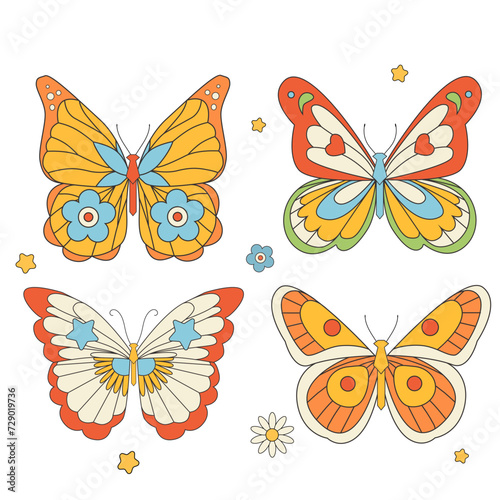 Beautiful groovy butterfly vector hand drawn illustrations set. Stock pop clip art in Hippie 60s 70s style. Peace. Pacific. © zenina