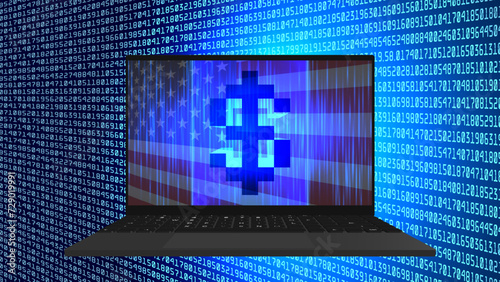 Vector 3D symbol of digital dollar of United States of America. Bright glowing high technology financial poster. Mobile computer. Cyber economic virtual space.