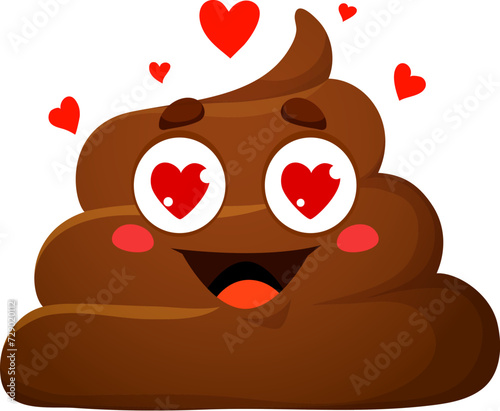 Cartoon poop emoji with love hearts in eyes, vector funny poo excrement character. Happy toilet shit emoticon or smile with in love expression on face for comic poop or chat poo emoji