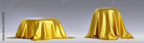 Round podium under golden satin drapery. Realistic vector illustration set of gift or surprise covered with fabric curtain cover. Platform or display stand hidden in gold silk waved cloth blanket.
