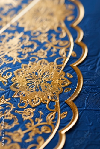 A Simple Beautiful Wedding Invitation Design, Muslim Art Style, Featuring a Harmonious Palette of Gold and Blue in a Striking Graphic Composition.