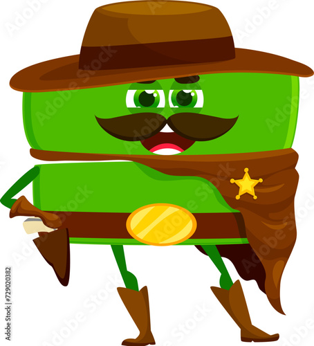 Cartoon cowboy, sheriff, equation math symbol character. Isolated vector math-savvy personage adorned in western gear, wrangling equations and ensuring arithmetic justice, at the mathematical frontier