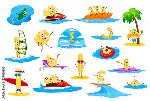 Cartoon pasta characters on summer beach vacation. Cute italian macaroni food vector personages swimming and diving in sea waves. Funny spaghetti, farfalle, penne, fusilli with surfboards, sunglasses