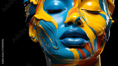 the face of a beautiful woman covered with bright colored oil paint. glamor and art. © photosaint