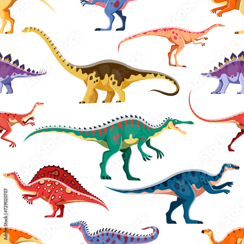 Cartoon dinosaurs cute characters seamless pattern. Textile vector backdrop or print with Hypselosaurus  Suchomimus  Archaeornithomimus and Aralosaurus  Ouranosaurus  Alectrosaurus dinosaurs personage