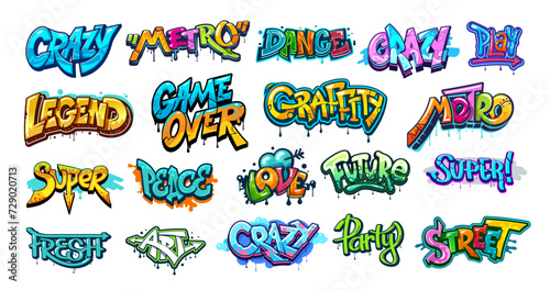 Graffiti street art, urban style. Vector wall writings, cartoon grunge font text with color spray paint blots, drips and brush splatters, arrows, hearts and bubbles. Street art graffiti tags, slogans