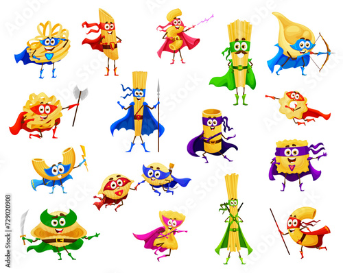 Cartoon Italian pasta food superhero characters. Penne, tagliatelle, cannelloni and conchiglioni, ravioli, farfalle Italian pasta superhero funny mascots, isolated vector cute personages with weapon