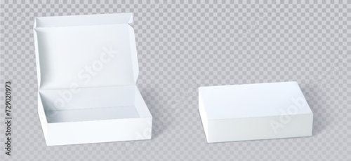 White closed and open cardboard box mockup top angle view. Realistic vector illustration set of blank carton package for delivery or gift concept. Rectangular low paper pack with cover mock up.